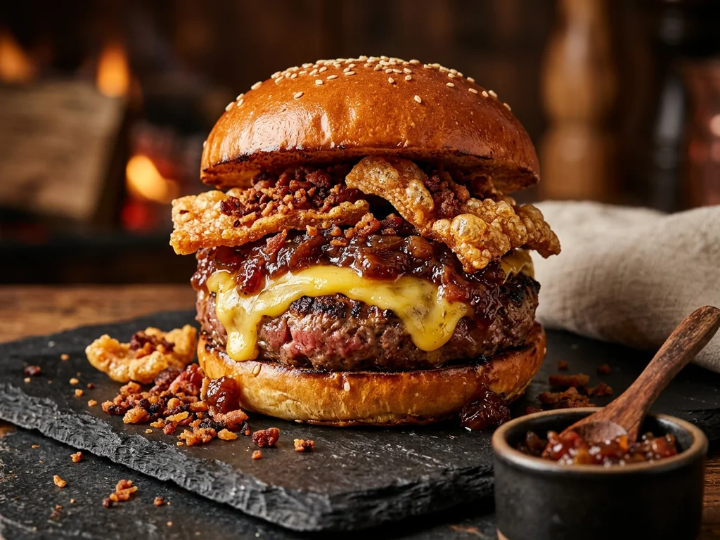 Burger La Favorita: rubia gallega de 200 g, cheddar, bacon, huevo, cebolla frita, vegetales, ranch y…