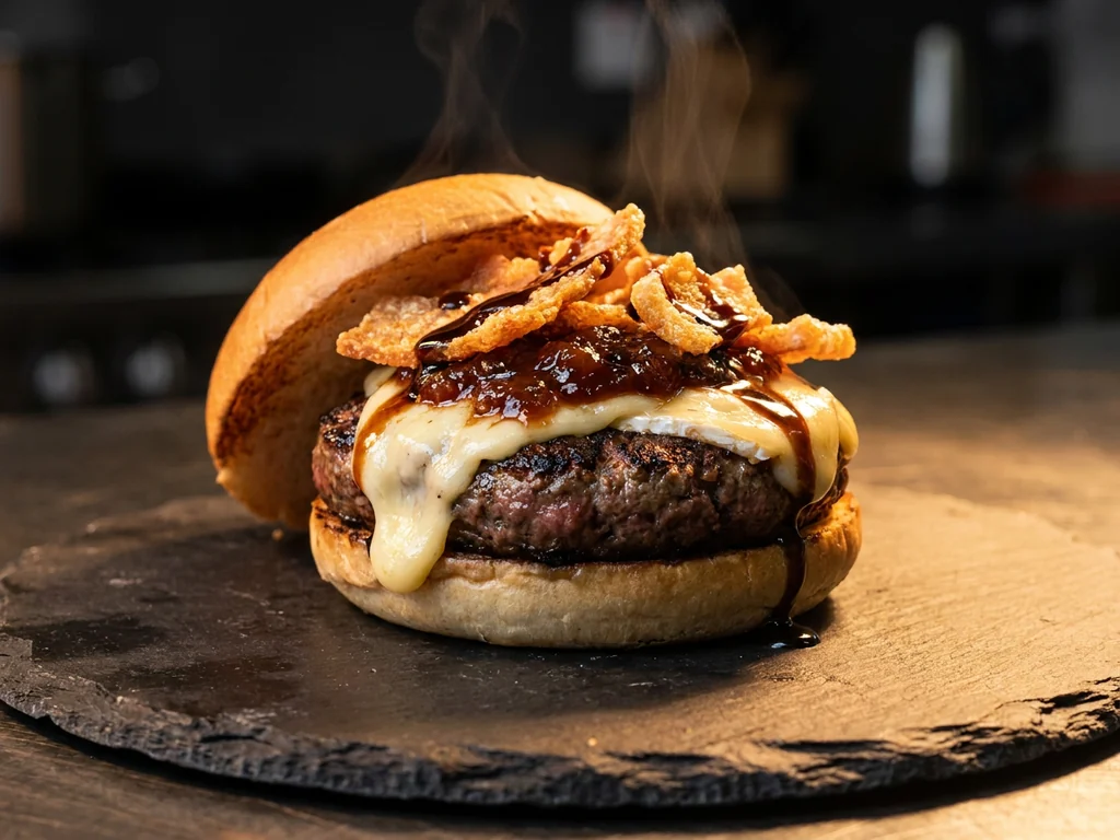 Burger Autor: rubia gallega de 200 g, cabra a la plancha, cebolla caramelizada y salsa de…