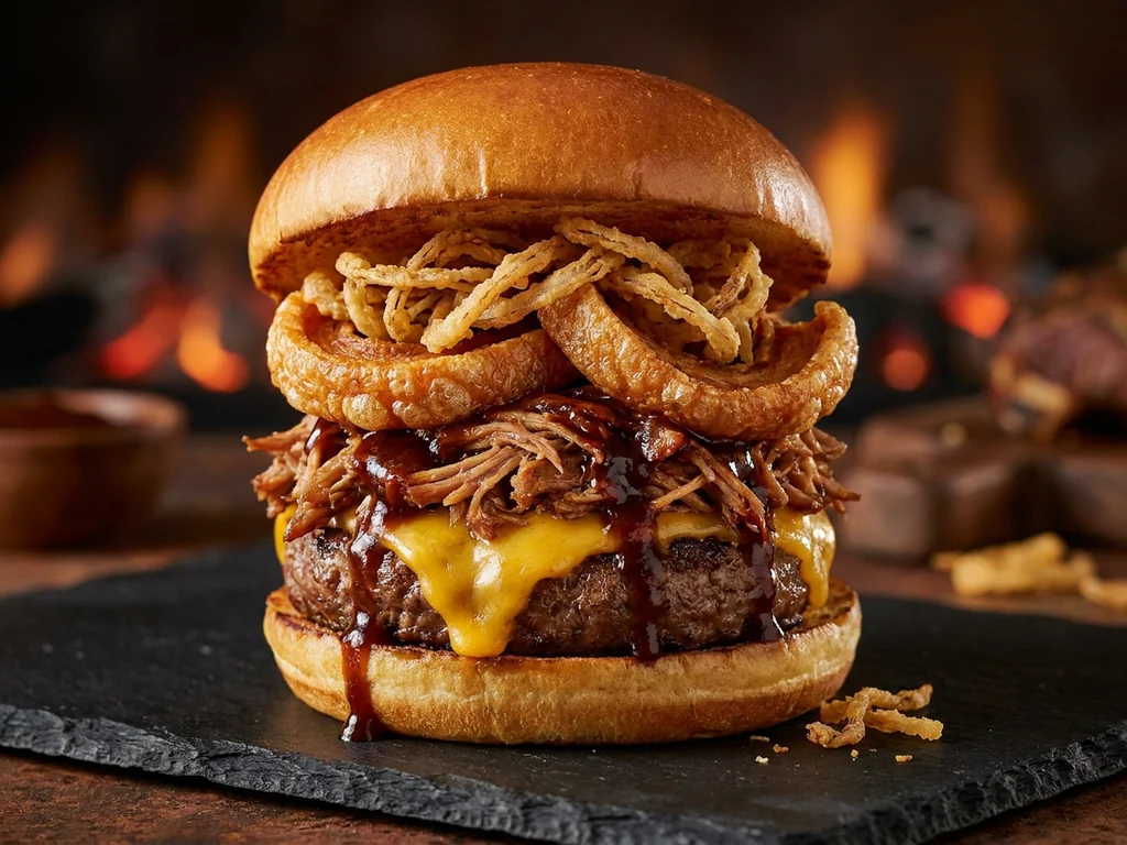 Veggie Burger: burger vegetal, vegetales, ranch, salsa de cerveza negra y cebolla frita en pan…