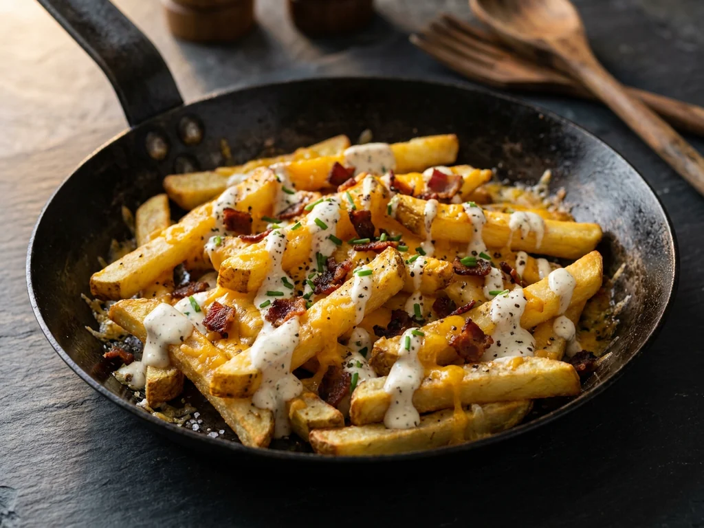 Bacon & Cheese Fries: patata rizada, ranch, cuatro quesos y bacon crispy, gratinado al horno